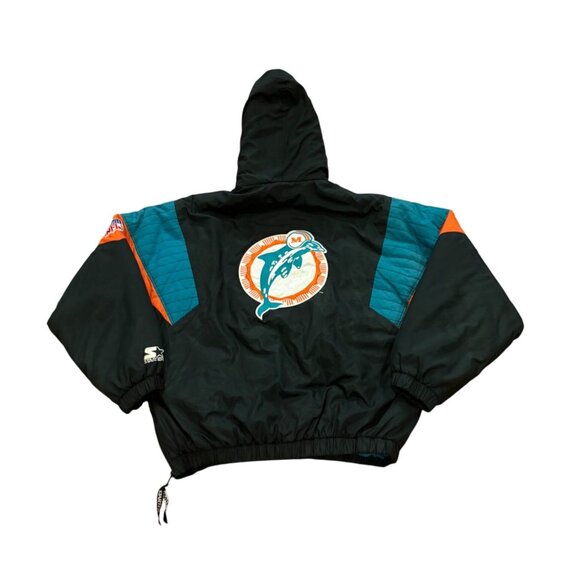 Vintage 1990's Starter Miami Dolphins NFL Puffer Hooded Jacket Black Men's Large - Picture 2 of 8